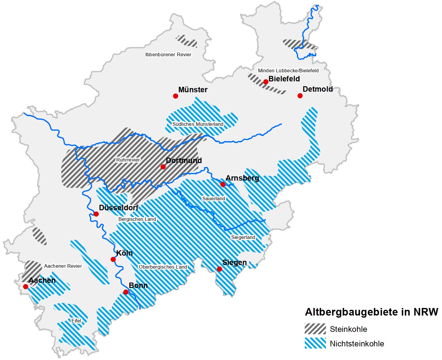 Übersichtskarte „Altbergbaugebiete in NRW“