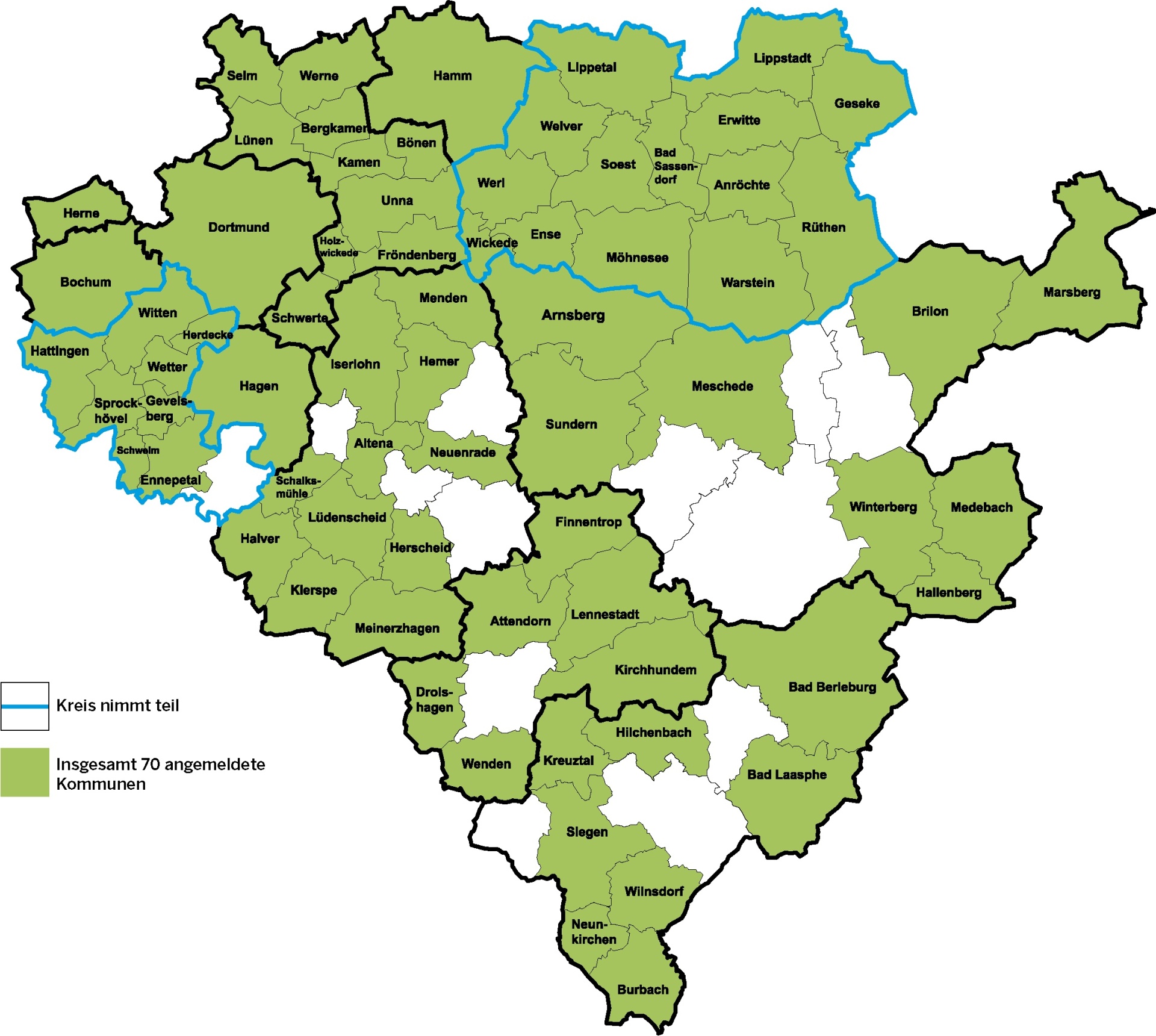 Teilnehmende Kommunenan der Klimakampagne im Regierungsbezirk Arnsberg (Stand: 21.04.2021)