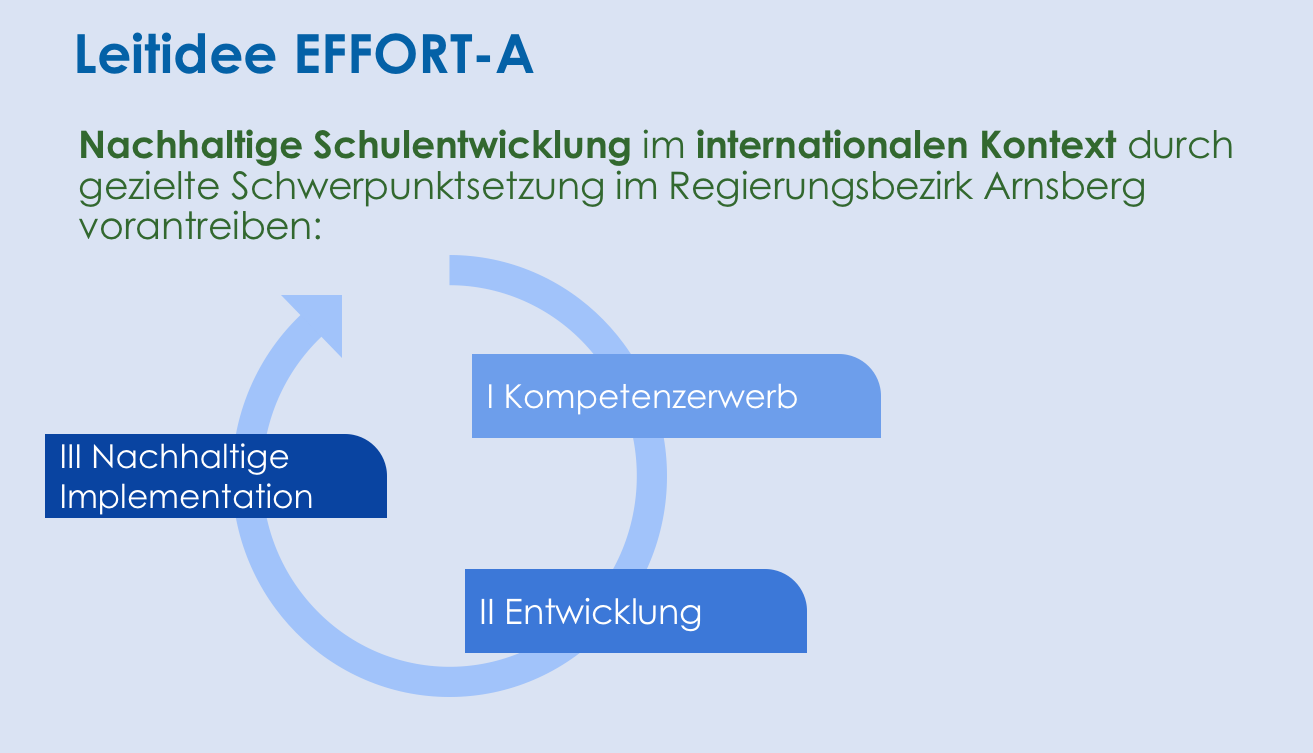 Abgebildet ist die Leitidee in Form eines Kreises mit den Inhalten "Kompetenzerwerb", "Entwicklung" und "Nachhaltige Implementation".