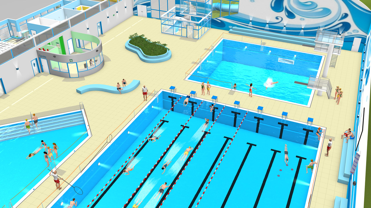 Abgebildet ist eine Schwimmhalle mit drei unterschiedlichen Becken. Ein Becken ist für Schwimmanfänger, ein anderes ist für geübte Schwimmer und an dem dritten Becken stehen Springtürme am Beckenrand. 
