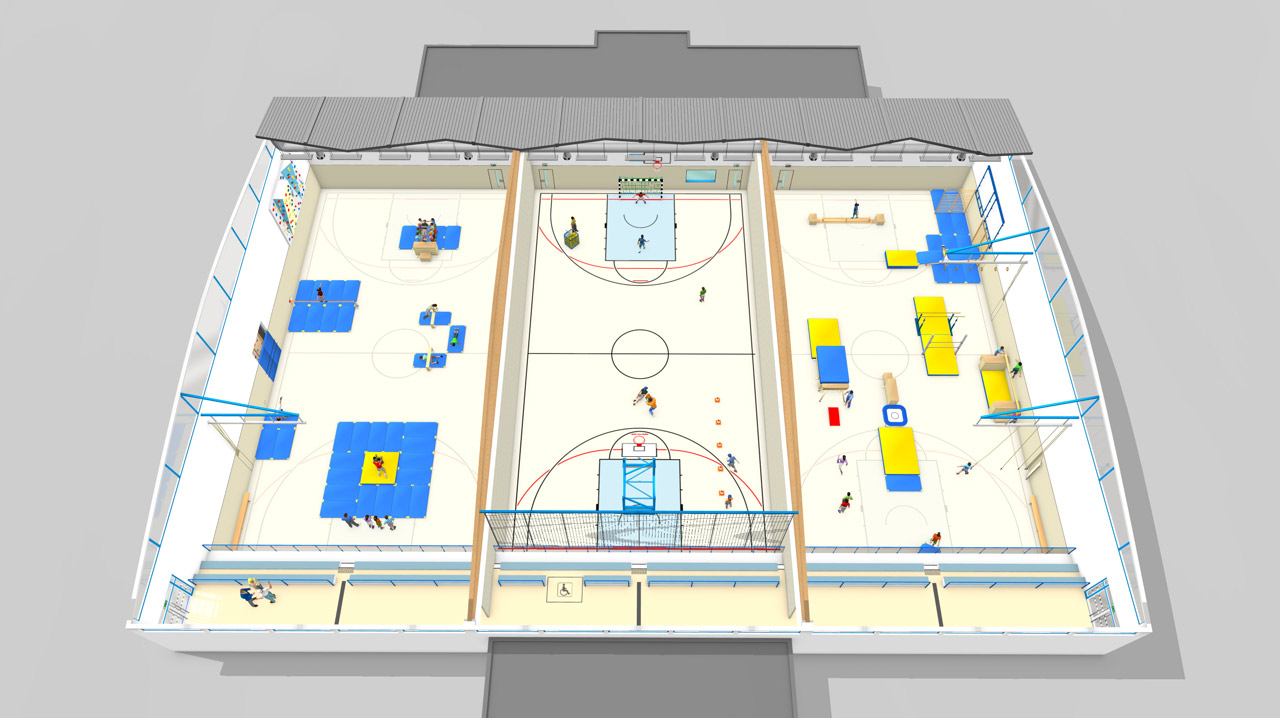 Abgebildet ist eine Sporthalle, die in drei Bereiche unterteilt ist. In zwei Bereichen werden Turnübungen ausgeübt und in einem Ballsportarten. 