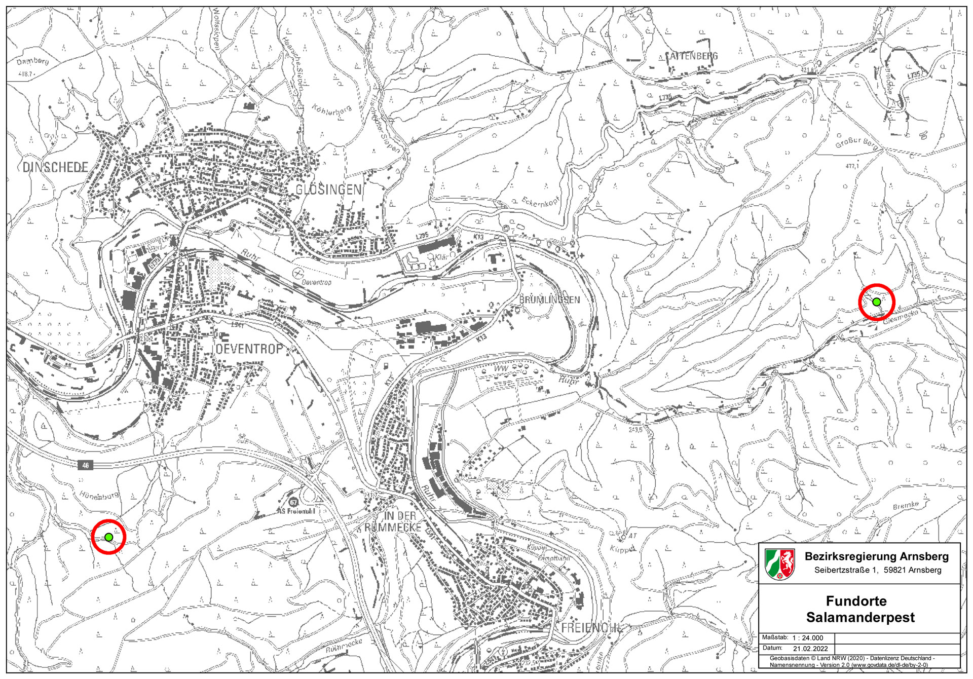 Karte der Fundorte Feuersalamanderpest im Arnsberger Wald bei Oeventrop und Freienohl