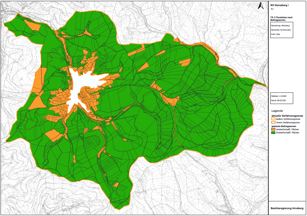 Abgebildet ist das geplante Flurbereinigungsgebiet Heinsberg I. Auf der Karte ist der überwiegende Waldanteil von ca. 95 Prozent zu erkennen.