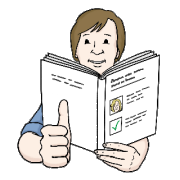 Eine gezeichnete Person hält ein Buch in der Hand und zeigt einen Daumen hoch.