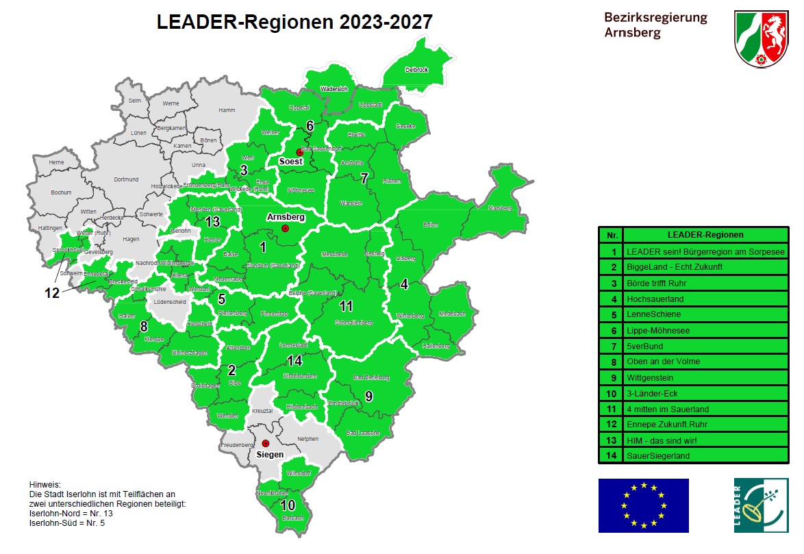 Abgebildet ist eine Grafik zu den LEADER-Regionen der Jahre 2023 bis 2027 im Regierungsbezirk Arnsberg. 14 beteiligte Regionen sind grün unterlegt. Die restlichen Regionen sind ausgegraut. 