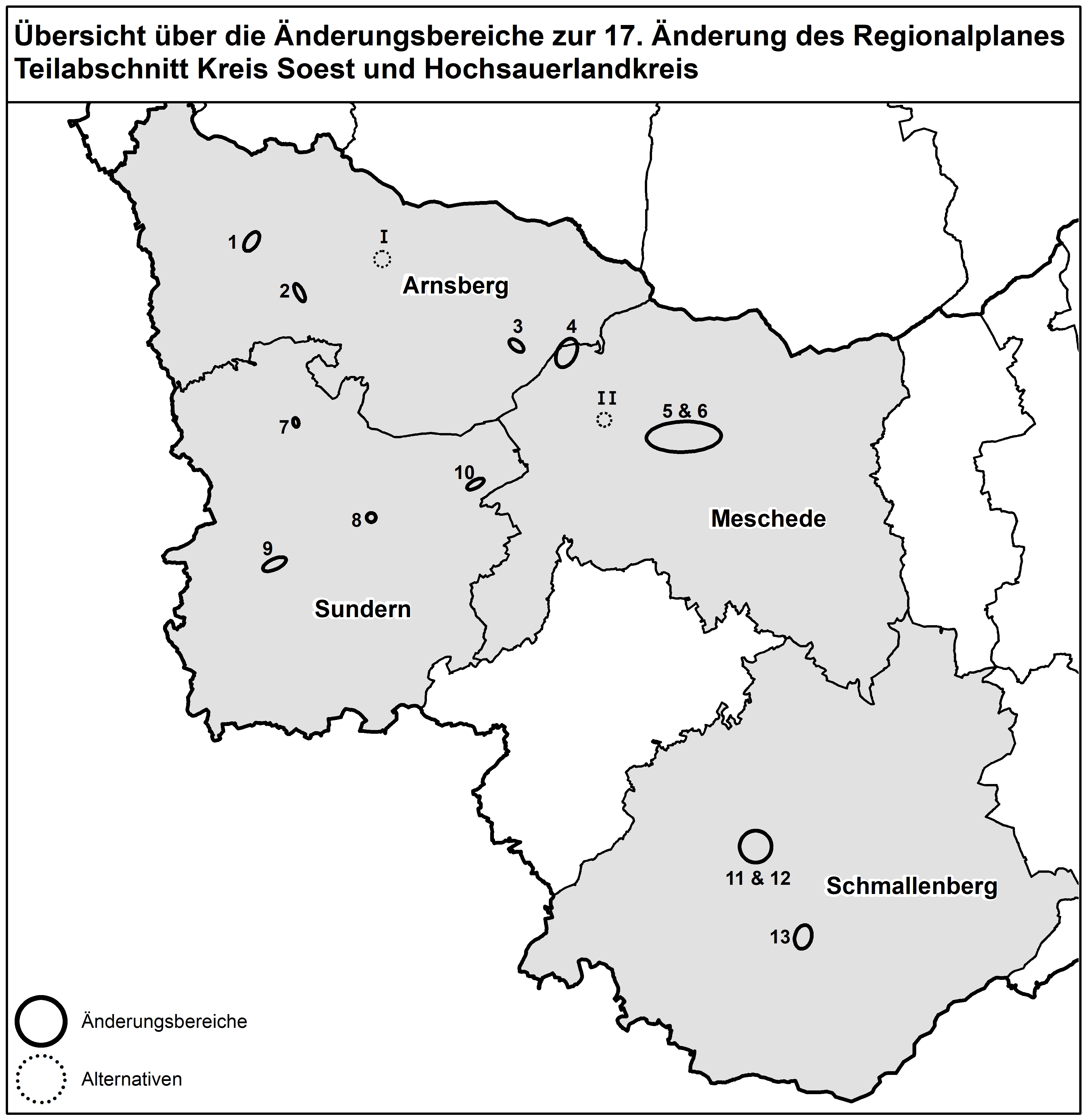 Übersicht über die  Änderungsbereiche zur 17. Änderung des REgionalplanes Teilabschnitt Kreis Soest und Hochsauerlandkreis