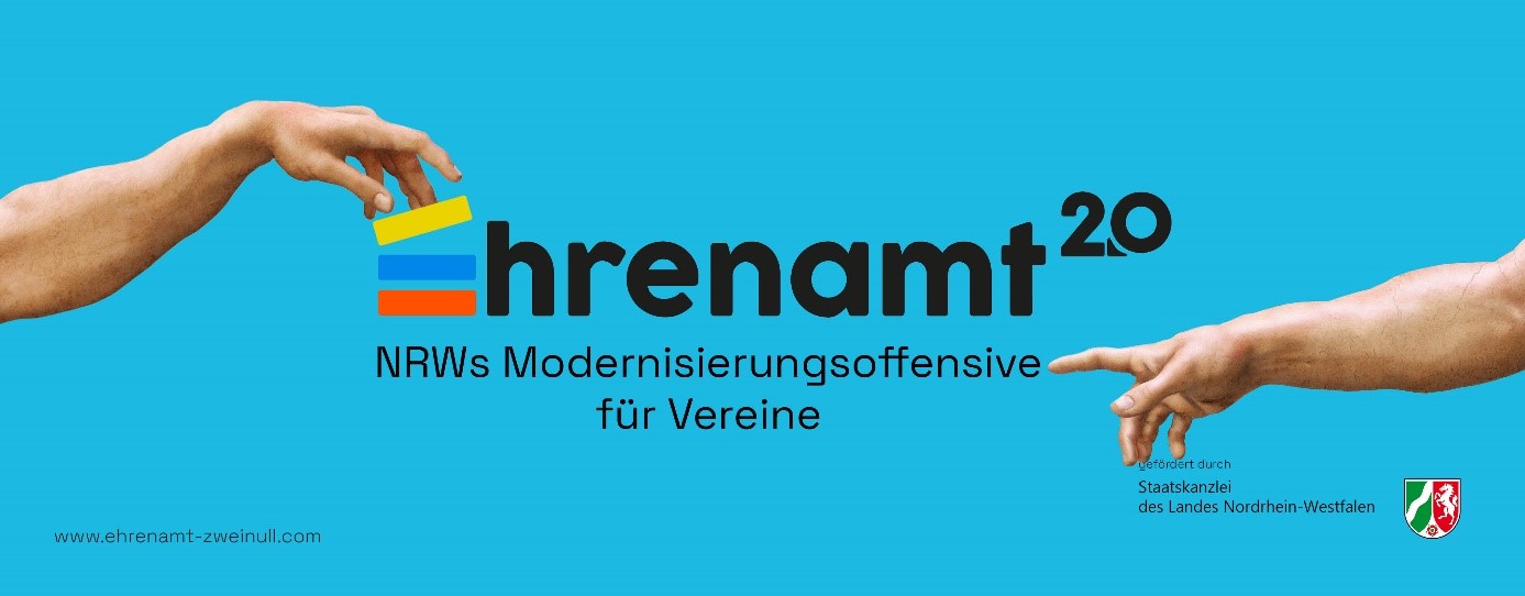 Abgebildet ist das Logo von Ehrenamt 2.0 – NRW’s Modernisierungsoffensive für Vereine.