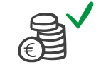 Abgebildet ist ein Stapel von Geldmünzen. Rechts daneben ist ein grüner Haken.