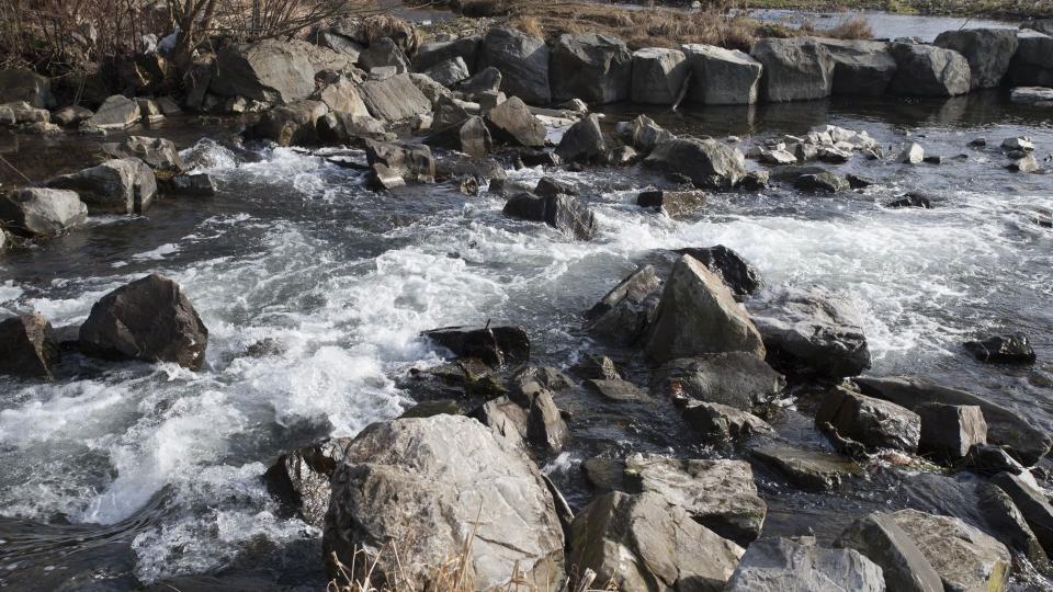 Ein reißender Fluss mit viele großen Steinen im Flussbett im Herbst