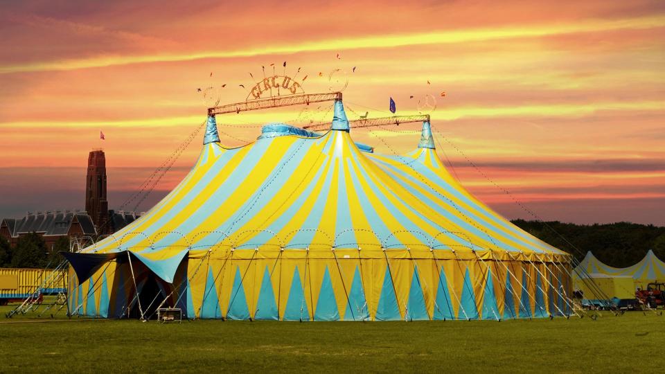 Ein blaugelbes Circus Zelt vor einem Sonnenuntergang auf einer Wiese