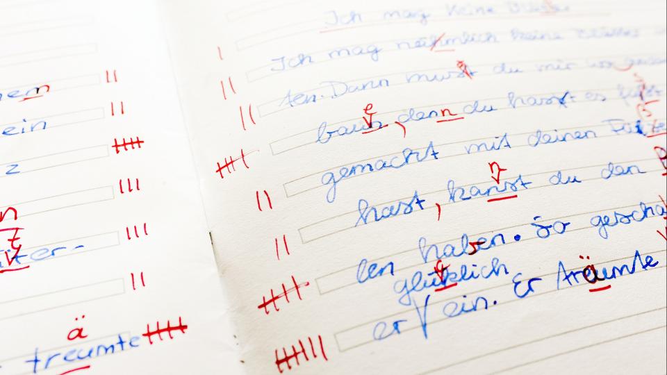 Abgebildet ist ein Text mit vielen Rechtschreib- und Zeichenfehlern. Die Fehler beziehungsweise die Korrekturen sind dabei rot markiert.