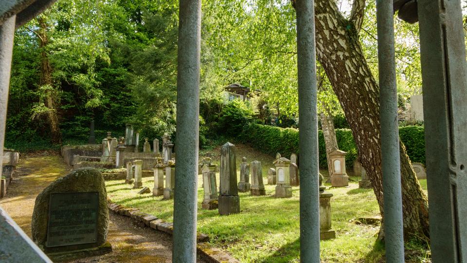 Abgebildet ist ein abgeschlossener Friedhof in naturnaher Umgebung. 