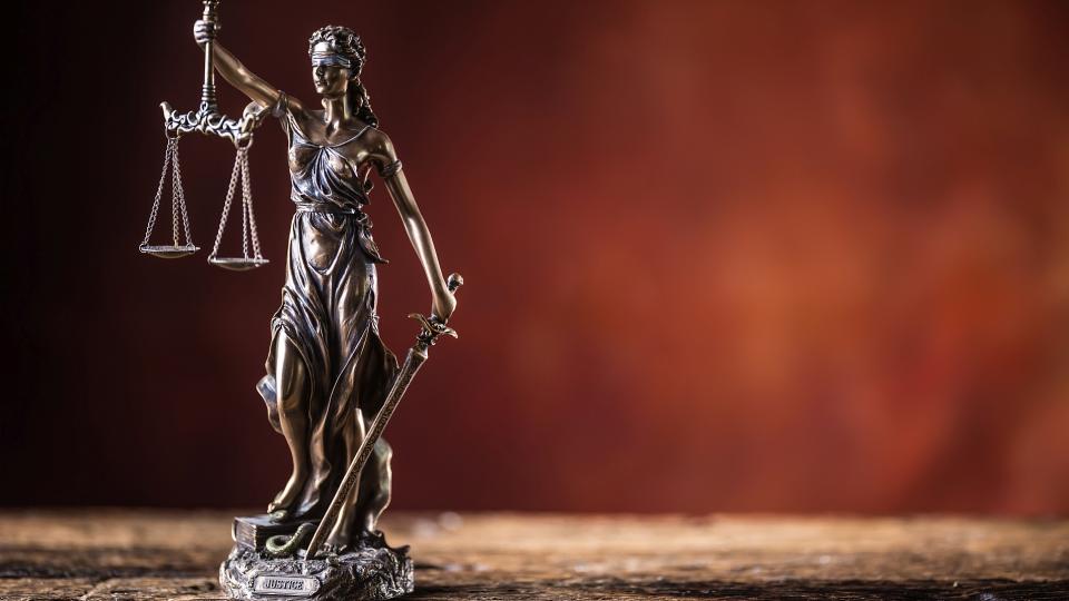Abgebildet ist die Justitia als Bronzefigur. Sie ist das Symbol für Gerechtigkeit und Rechtspflege. In der rechten Hand trägt sie eine Pendelwaage und in der linken Hand ein Schwert. Ihre Augen sind mit einem Stück Stoff verbunden.