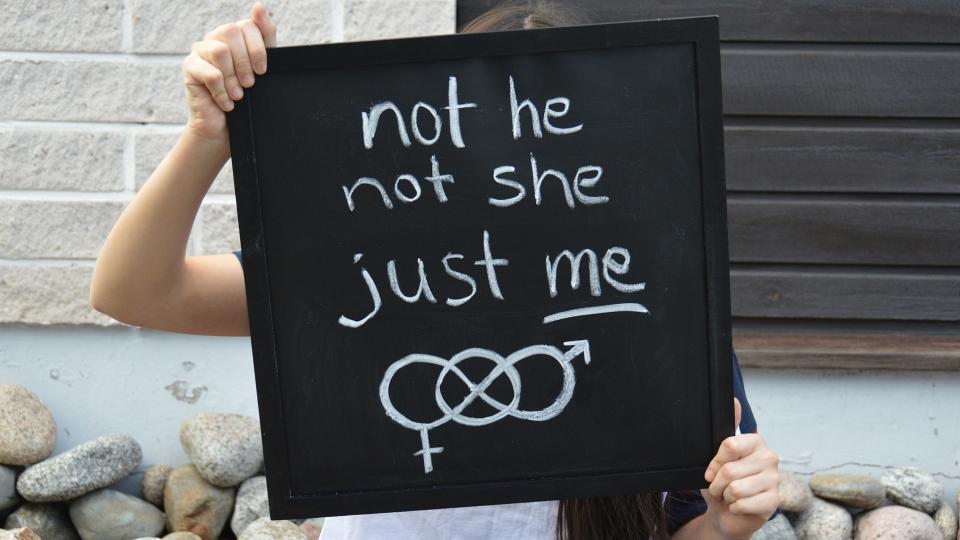 Eine Person hält eine Tafel in den Händen mit der Aufschrift "not he not she just me" (zu Deutsch: nicht er nicht sie nur ich). Darunter sind die Symbole für Männlich und Weiblich durch das Zeichen für Unendlichkeit miteinander verbunden. 
