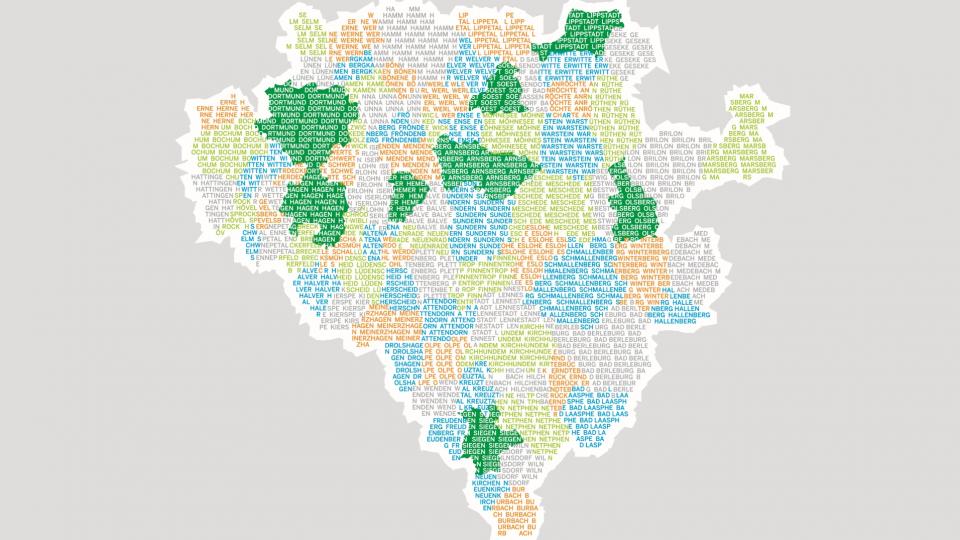 Eine Karte des Regierungsbezirks mit den Namen der jeweiligen Städte als Markierung der Stadtgebiete.