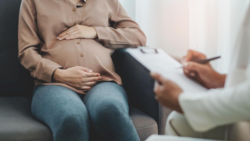 Eine Schwangere sitzt auf einer Couch gegenüber eines Therapeuten.