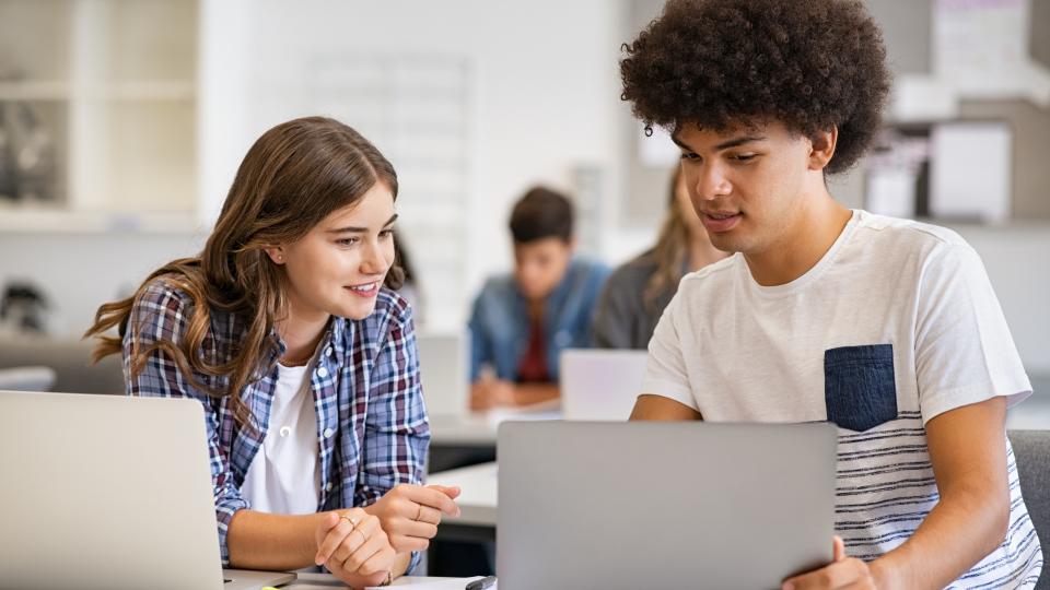 Eine Schülerin und ein Schüler arbeiten an aufgeklappten Notebooks.