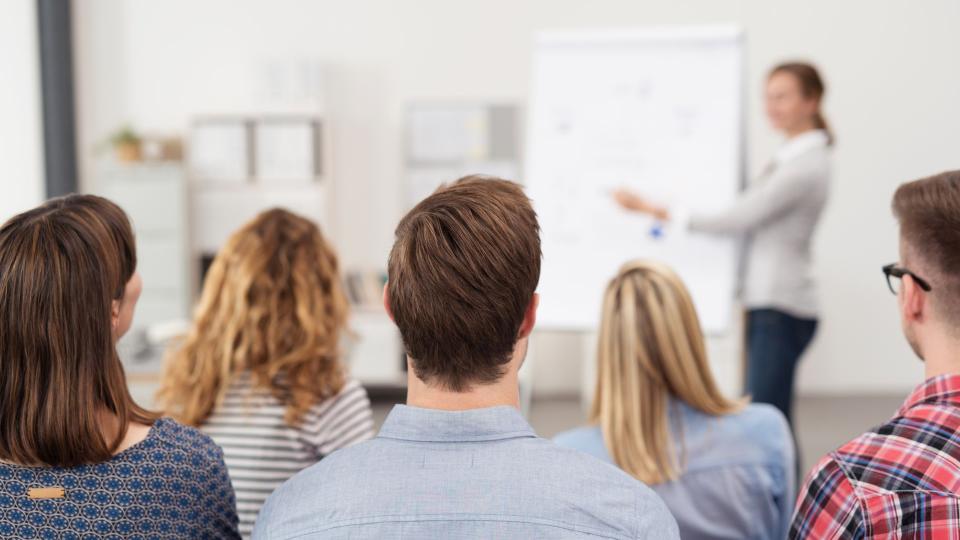 Mehrere Personen sitzen in einem Schulungsraum und schauen nach vorne, wo eine Frau etwas an einem Flipchart erklärt. 