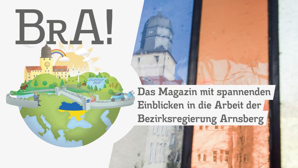 Logo des BRA! Magazins mit der Beschriftung: "Das Magazin mit spannenden Einblicken in die Arbeit der Bezirksregierung Arnsberg"