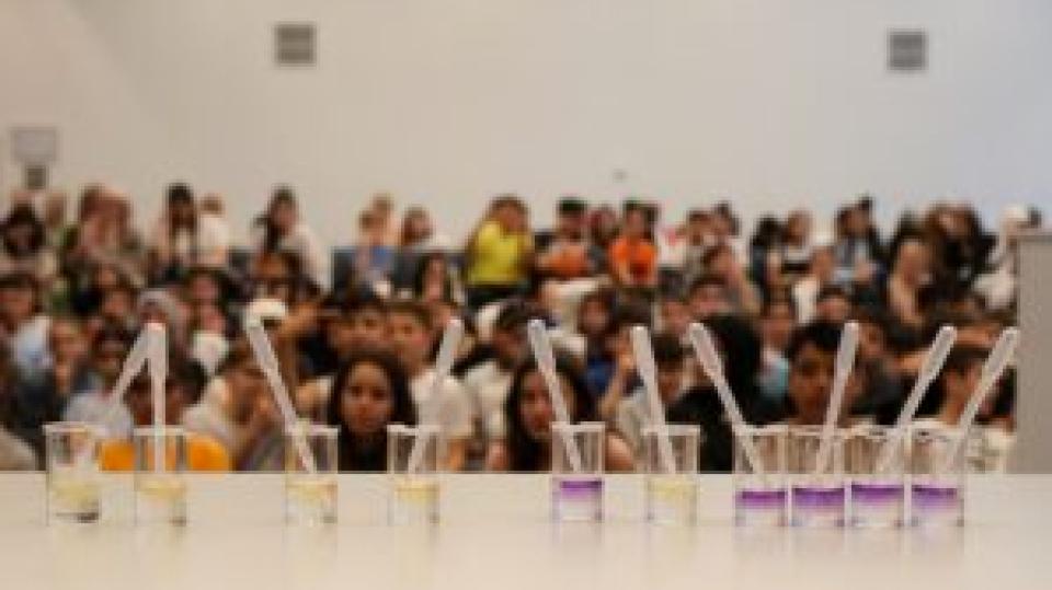 Auf einem weißen Untergrund stehen nebeneinander zehn kleine Gläser, jeweils zu einem Drittel mit Flüssigkeit gefüllt. Die Flüssigkeit wirkt im unteren Teil der Gefäße jeweils durchsichtig und nimmt in der oberen Hälfte eine Farbe an – einige Gelb, andere Violett. Im Hintergrund unscharf eine größere Gruppe sitzender Jugendlicher, die auf den Tisch blicken.  