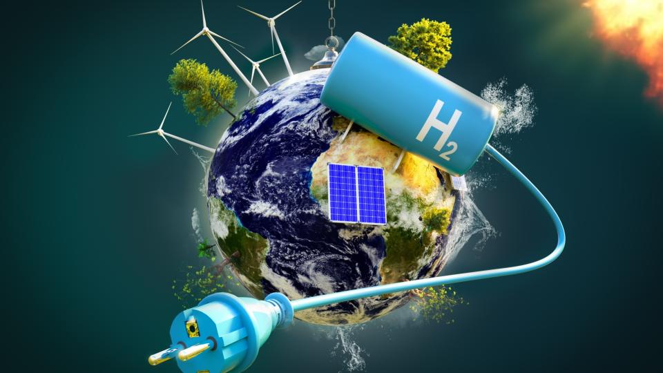 Umwelt und Energiegewinnung - Blauer Wasserstoff-Tank auf dem Planeten Erde