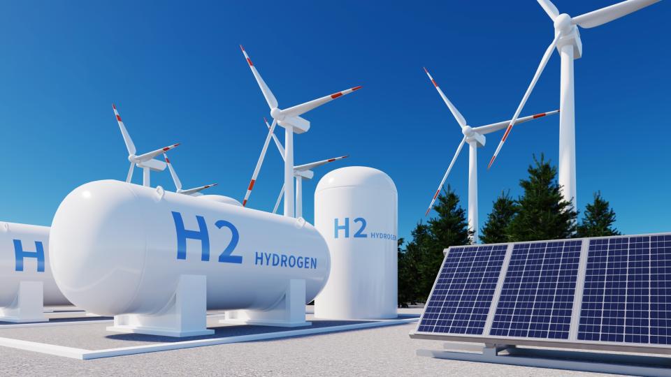 3D gerenderte Wasserstofftanks, Solapanele und Windkraftanlagen