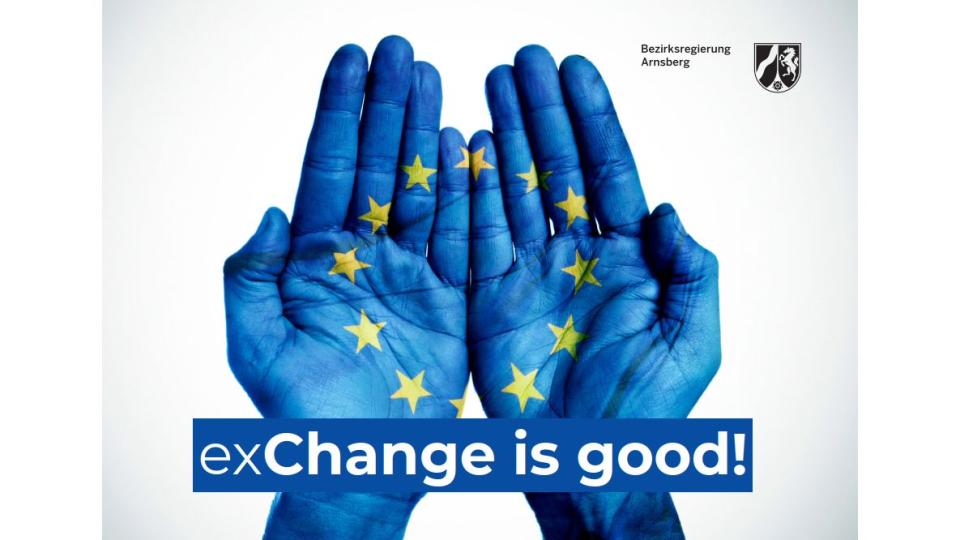 Abgebildet sind zwei blau gefärbte Handflächen, auf denen die Sterne der EU-Flagge zu erkennen sind. Darüber hinaus ist der Satz "exChange is good!" (zu Deutsch: "Austausch ist gut!") eingeblendet. 