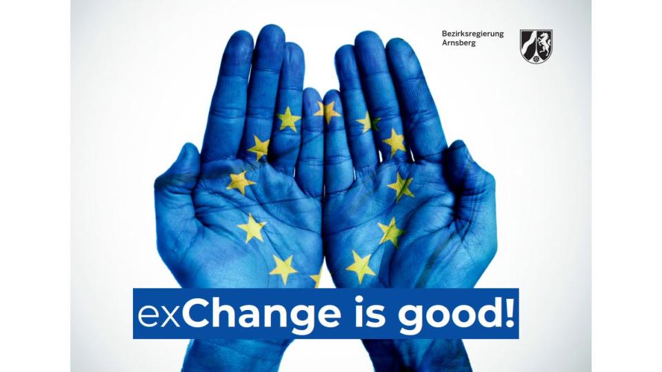 Abgebildet sind zwei blau gefärbte Handflächen, auf denen die Sterne der EU-Flagge zu erkennen sind. Darüber hinaus ist der Satz "exChange is good!" (zu Deutsch: "Austausch ist gut!") eingeblendet. 