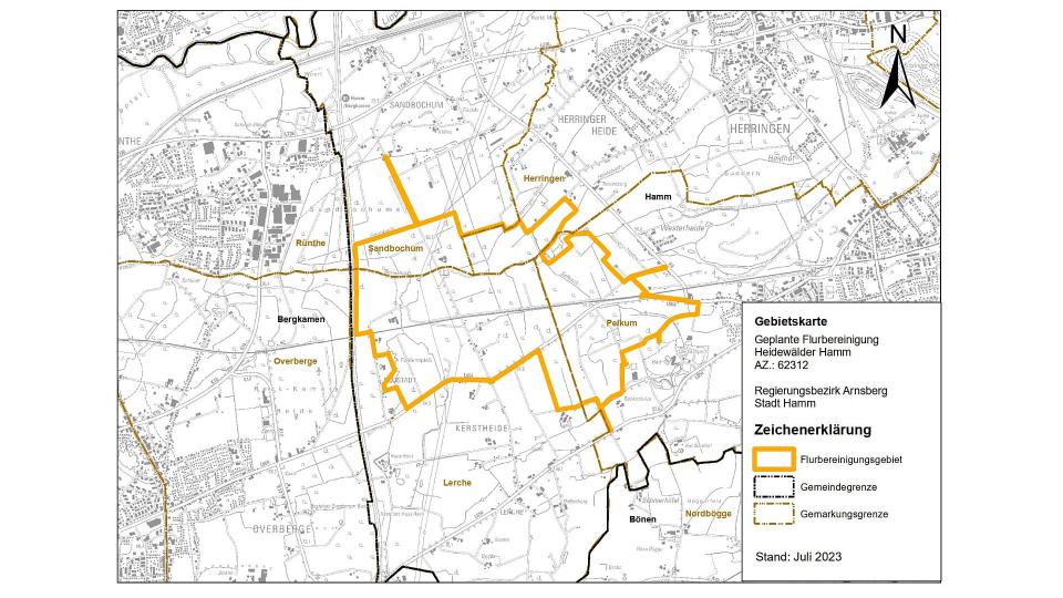 Gebietskarte geplantes Flurbereinigungsverfahren Heidewälder Hamm – Geobasisdaten 