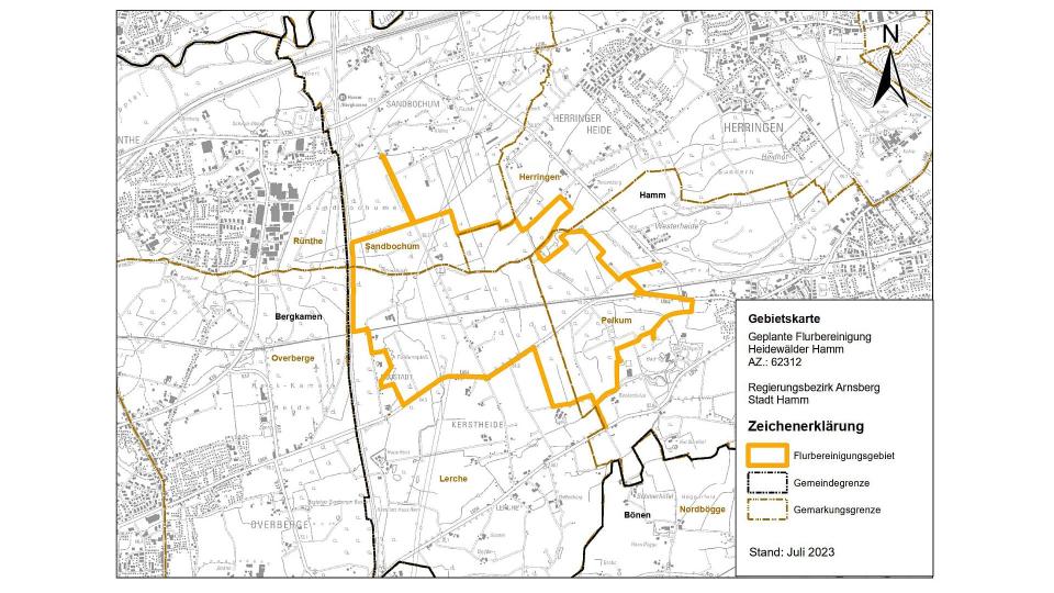 Gebietskarte geplantes Flurbereinigungsverfahren Heidewälder Hamm – Geobasisdaten