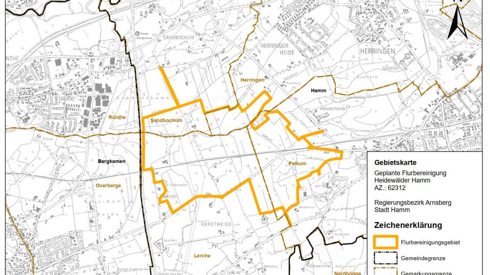 Gebietskarte geplantes Flurbereinigungsverfahren Heidewälder Hamm – Geobasisdaten 