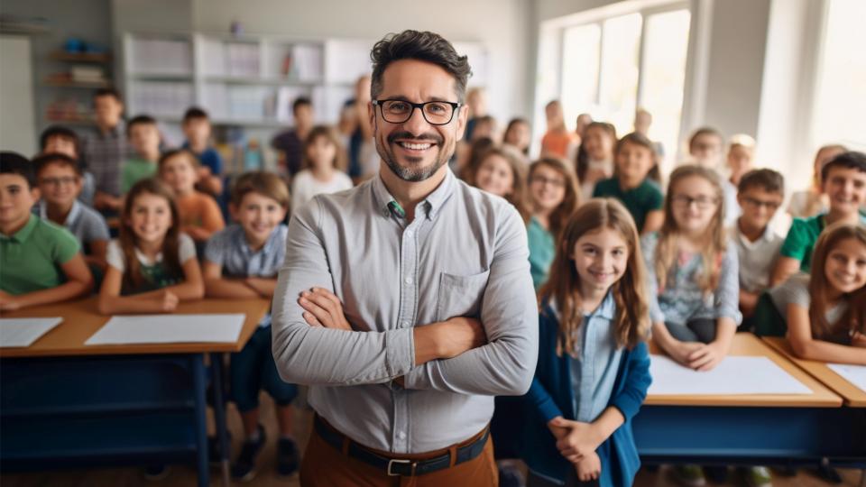 Ein Lehrer steht vor einer Klasse voller Schülerinnen und Schüler. Alle blicken in die Kamera.