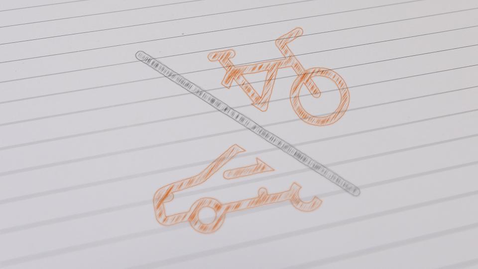 Zeichnung eines Fahrrades und eine Autos.
