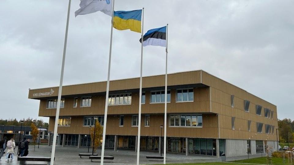 Abgebildet ist das Gebäude und die Flagge der Ukraine sowie der von Estland. 