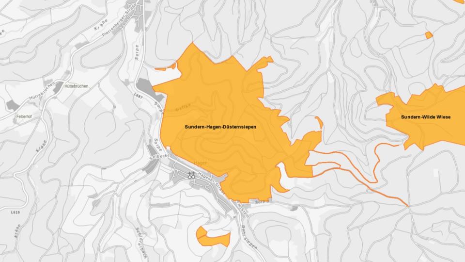 Karte mit orangefarbener Markierung des Gebietes