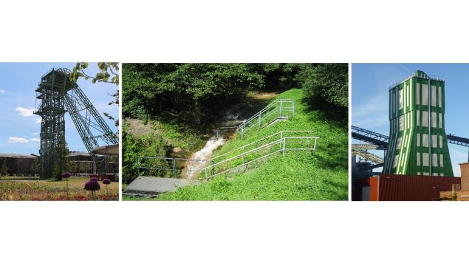 Abgebildet sind zwei Gebäude und ein landschaftlicher Abschnitt eines Untertagebergbaus.