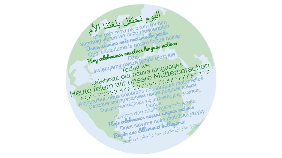 Abgebildet ist eine Weltkugel, in der "Heute feiern wir unsere Muttersprachen" in 18 verschiedenen Sprachen steht. 