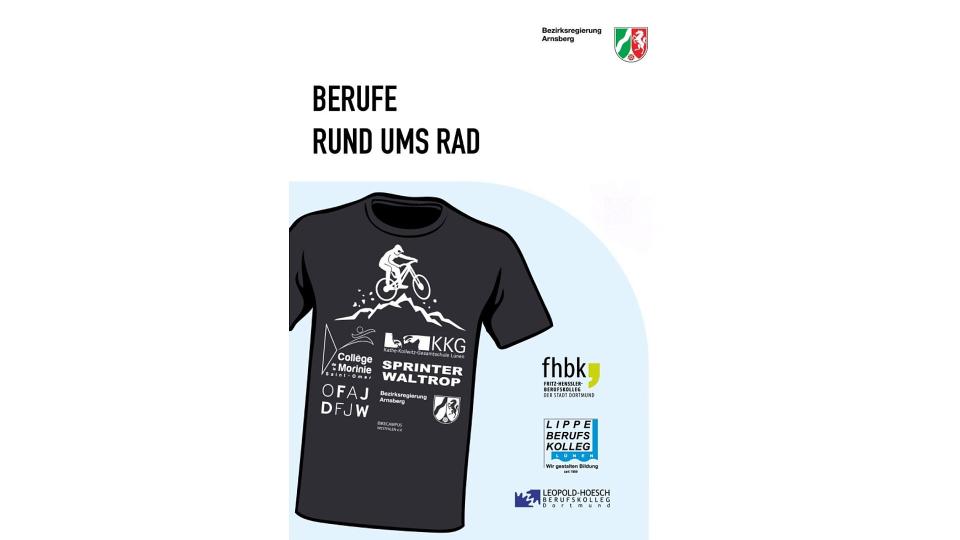 Abgebildet ist das Deckblatt zu "Berufe rund ums Rad". Zu sehen ist ein schwarzes T-Shirt, auf dem viele Sponsoren abgebildet sind.