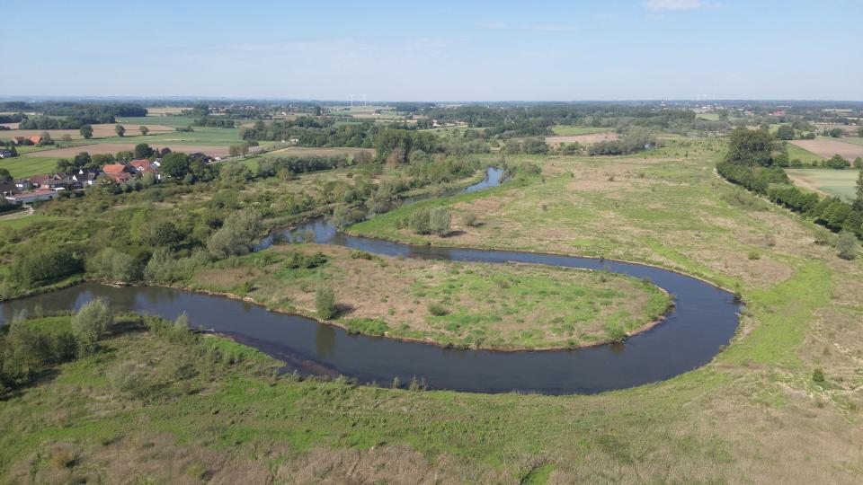 Blick auf oben auf eine Flußlandschaft