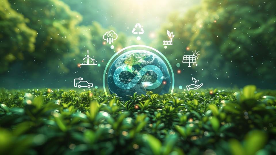 virtueller Globus mit Symbolen der Kreislaufwirtschaft auf natürlichem und städtischem Hintergrund, Kreislaufwirtschaft ist nachhaltige Geschäftsentwicklung in der Zukunft durch die Verwendung von AI generative Technik.