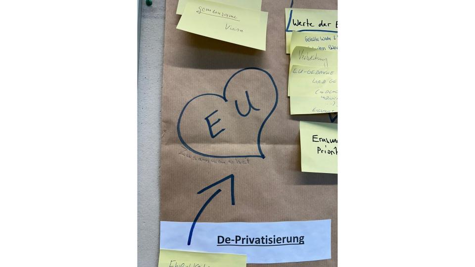 Abgebildet ist eine Pinnwand, auf der unter anderem ein Herz abgebildet ist, in dem "EU" steht. 