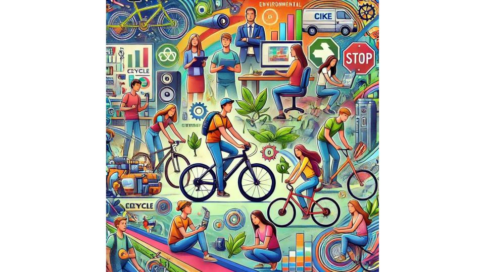 Abgebildet ist ein KI-generiertes Bild, auf dem mehrere fahrradfahrende Personen zu sehen sind. Das Bild ist zudem sehr farbenfroh.