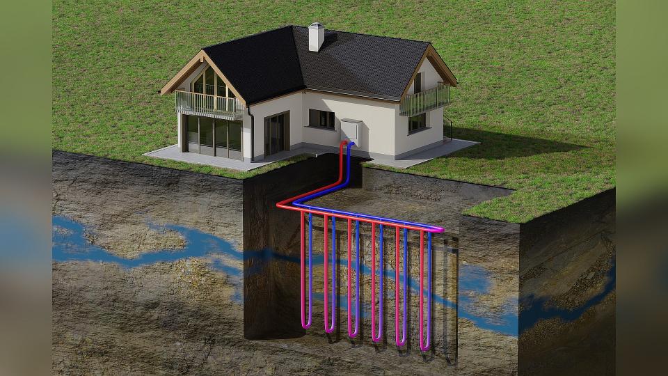 eine schematische Darstellung einer oberflächennahen Geothermieanlage
