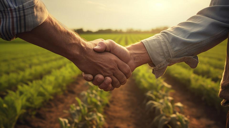 Abgebildet sind zwei Personen, die sich auf einem Ackerland die Hand geben.