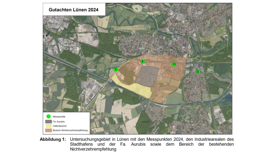 Untersuchungsgebiet in Lünen mit den Messpunkten 2024, den benachbarten Industriearealen sowie dem Bereich der bestehenden Nichtverzehrempfehlung.