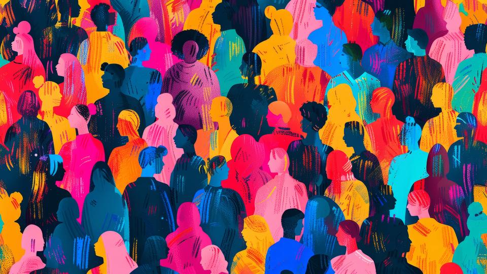Abgebildet sind gezeichnete Umrisse von Personen. Die Zeichnung ist sehr farbenfroh.