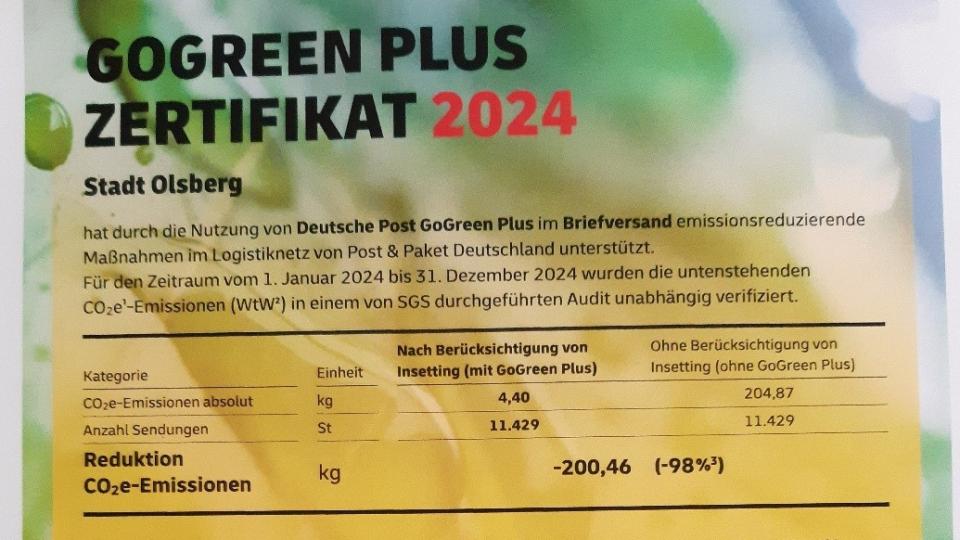 Abgebildet ist das „GoGreen Plus Zertifikat 2024“ für Umweltschutz.