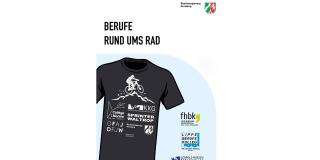 Abgebildet ist das Deckblatt zu "Berufe rund ums Rad". Zu sehen ist ein schwarzes T-Shirt, auf dem viele Sponsoren abgebildet sind. 