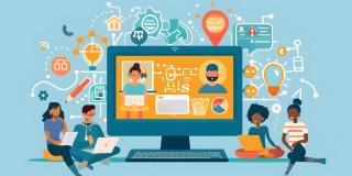 Gezeichneter Monitor und Tastatur inmitten von verschiedenen Symbolen und Personen