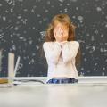 Kind in Schule vor Tafel mit fliegenden Buchstaben verdeckt sich die Augen